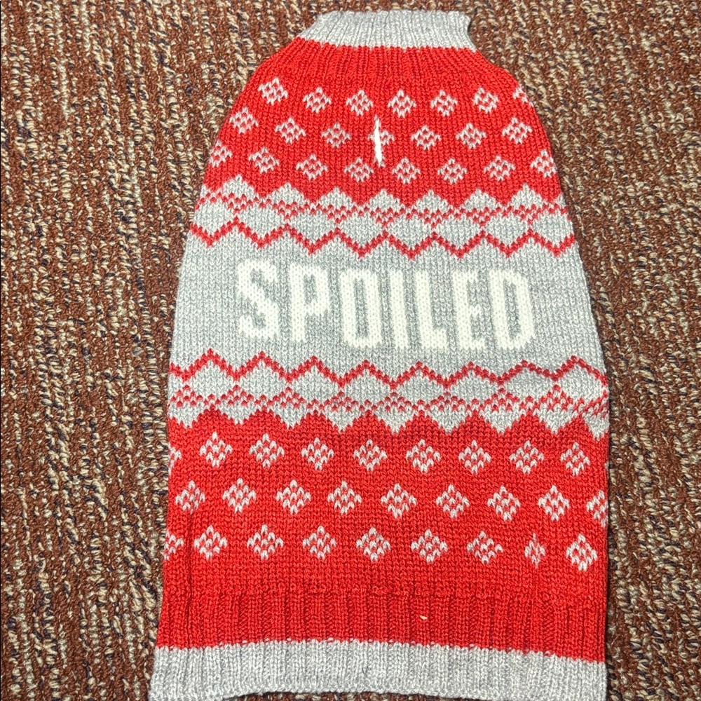 Red and Gray Pet Sweater XS dog/cat outfit “spoiled” holiday cute leash hole
